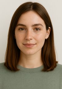 Ritratto di una persona con capelli lisci di un castano medio, che indossa un maglione verde chiaro e strutturato e piccoli orecchini discreti.