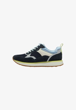 Suede and mesh sneaker in navy blue, with light blue accents, cream overlays, and green sole. Features a round toe and lace-up design.