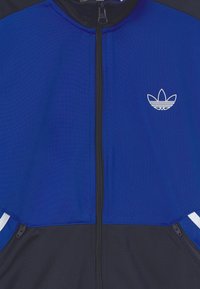 Sportovní bunda z modré a černé látky s páskem na zip a bílými pruhy. Výrazné logo na levé části hrudi.