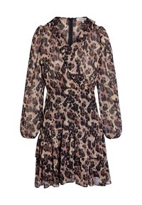 Robe à imprimé léopard avec de longues manches bouffantes, encolure à volants, jupe à volants et fermeture éclair au dos. Fabriquée en tissu léger et transparent.