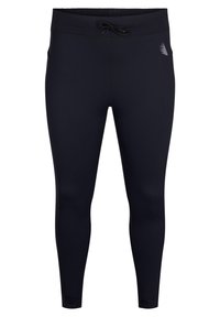 Schwarze Sportleggings mit glatter Textur, elastischem Bund, verstellbarem Kordelzug und seitlichen Taschen. Minimalistisches Design mit Akzentstichen.