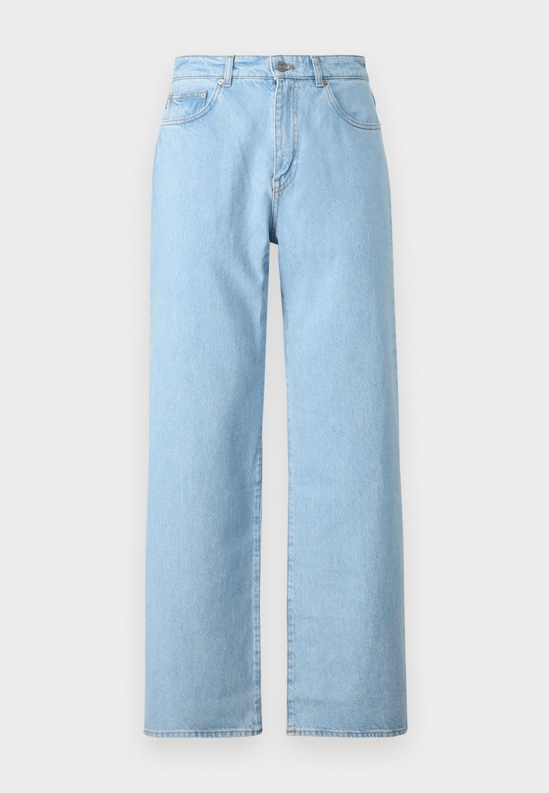 Jeans a gamba larga blu chiaro in denim, con un classico design a cinque tasche e chiusura con bottone. Texture liscia con orli rifiniti.