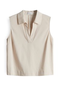 Mouwloze beige top met een kraag, voorzien van een subtiele V-vormige opening en een zachte textuur, ontworpen met minimale stiksels.