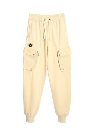 Pantalones cargo amarillos de algodón con cinturilla elástica, cordón y dos bolsillos laterales con cremalleras y solapas. Presenta un parche con el logo en la parte frontal.