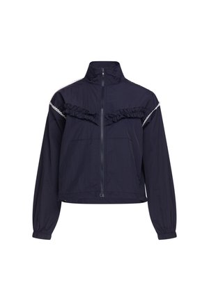Giacca leggera blu navy con cerniera frontale, colletto alto, polsini elasticizzati, dettaglio con volant sul petto e rifinitura in pizzo bianco su spalle e maniche.