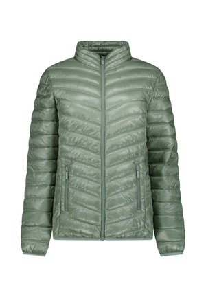 Lichtgroene, doorgestikte pufferjas met ritssluiting aan de voorkant, twee met rits afsluitbare handzakken en een opstaande kraag.