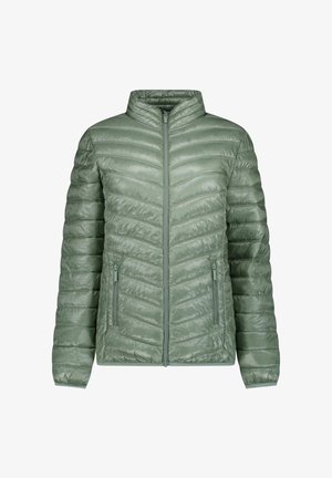 Lichtgroene, doorgestikte pufferjas met ritssluiting aan de voorkant, twee met rits afsluitbare handzakken en een opstaande kraag.