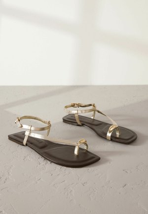 Ploché sandále s tmavo hnedou podrážkou a kovovými zlatými popruhmi. Dizajn obsahuje prstový popruh a členkový popruh s nastaviteľnou prackou.