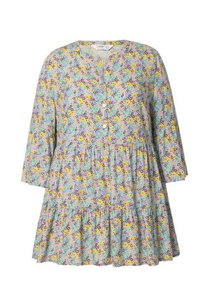 Blomster tunika kjole i pastelfarver, med v-udskæring, knaplukning foran, trekvartlange ærmer og lagdelte flæser. Blødt stof med et tekstureret mønster.