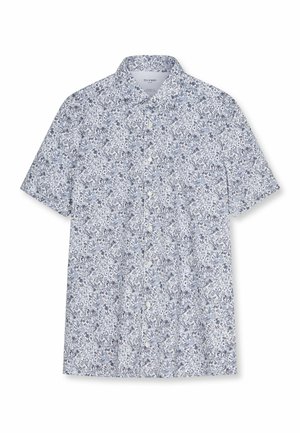 Camicia uomo a manica corta con base bianca e motivo floreale blu denso, colletto aperto e bottoni bianchi sul davanti.