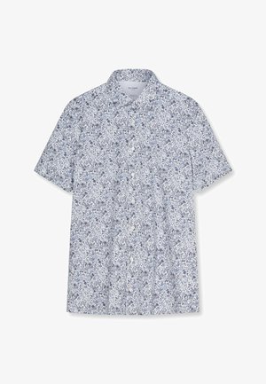 Heren overhemd met korte mouwen, witte basis en dicht blauw bloemmotief, spreadkraag en witte knopen aan de voorkant.