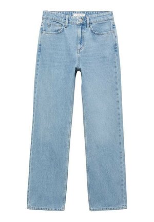 Jeans in denim azzurro chiaro con taglio dritto, dotati di chiusura con bottone frontale, passanti per cintura e leggera scoloritura sul tessuto.
