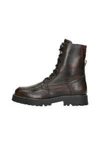 Bruine leren enkelboots met een gestructureerde afwerking, uitgerust met een vetersluiting, verstevigde neus en een robuuste, dikke zool.