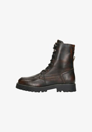 Brown leather ankle boots with a textured finish, featuring a lace-up design, reinforced toe, and a rugged, chunky sole.
