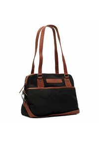 Borsa in tela nera con dettagli in pelle marrone, doppio manico, chiusura a zip, forma rettangolare e tasca frontale con etichetta.