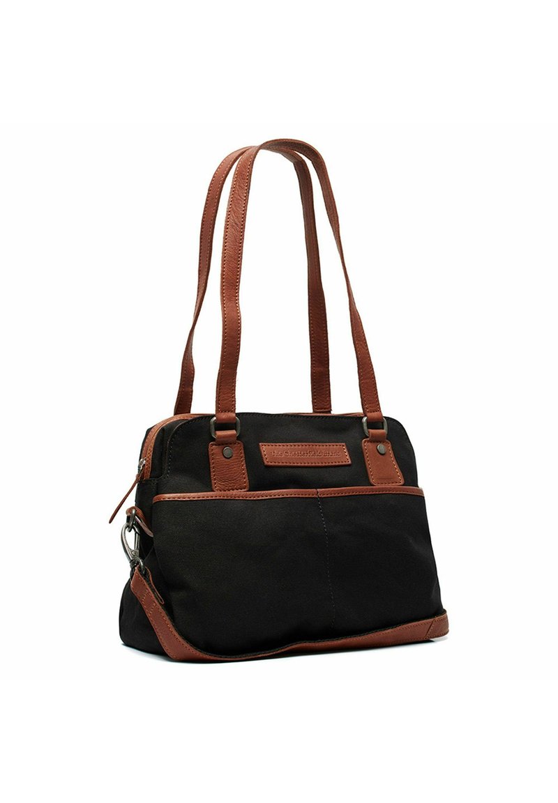 Borsa in tela nera con dettagli in pelle marrone, doppio manico, chiusura a zip, forma rettangolare e tasca frontale con etichetta.