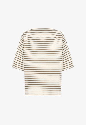 Ribakujuline T-särk laia ruudukujulise lõikega. Esitleb horisontaalseid pruunide ja koorevärvi riba, lühikesi varrukaid ja ümmargust kaelust. Pehme puuvillane materjal.