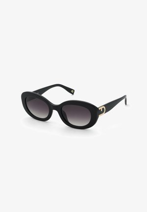 Lunettes de soleil ovales noires avec verres dégradés foncés et accents décoratifs dorés sur les branches, présentées sur fond blanc.