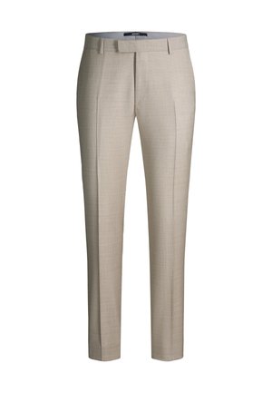 Pantaloni eleganti beige da uomo slim-fit con passanti per cintura, piega frontale e chiusura nascosta, esposti su sfondo bianco.