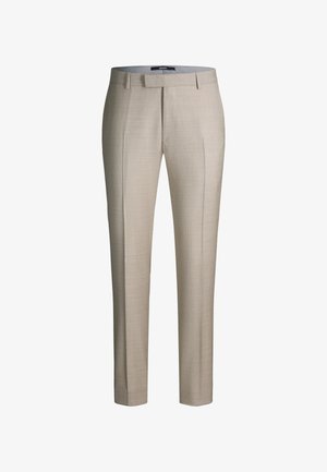 Beige Slim-Fit-Herrenhose mit Gürtelschlaufen, Bügelfalte vorne und verdecktem Verschluss, vor weißem Hintergrund dargestellt.