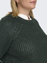 Femeie cu păr blond, purtând cercei aurii în formă de cerc, o cămașă albă cu guler și un pulover tricotat cu textură verde închis.