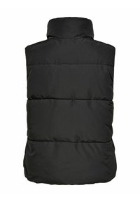 Chaleco acolchado negro con cuello alto, cuenta con secciones acanaladas en horizontal, textura suave y sin hardware visible ni bolsillos.