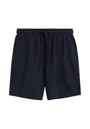 Granatowe szorty na co dzień z elastycznym pasem i sznurkiem do regulacji, wyposażone w boczne kieszenie i luźny krój.