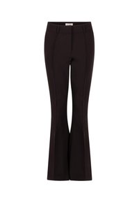Zwarte flared broeken, gemaakt van gladde stof, met een aansluitende taille, plooidetails en een middelhoge taille. De flare begint vanaf de knie.