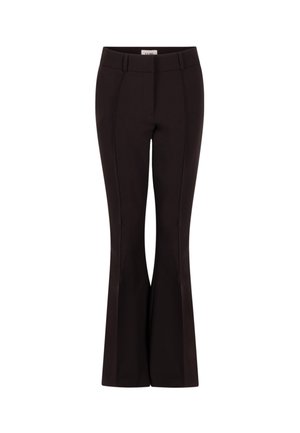 Zwarte flared broeken, gemaakt van gladde stof, met een aansluitende taille, plooidetails en een middelhoge taille. De flare begint vanaf de knie.