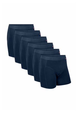 Set bestehend aus fünf marineblauen Baumwoll-Boxershorts mit elastischem Bund, auf dem der Text "DURANCE" zu sehen ist. Glatte Textur und körpernahe Passform.