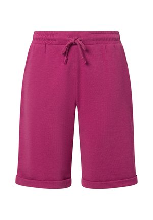 Magenta volnočasové kraťasy s elastickým pasem, stahovací šňůrkou, bočními kapsami a ohrnutými lemy, zobrazené na bílém pozadí.