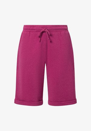 Pantaloncini casual magenta con vita elastica, coulisse, tasche laterali e orli risvoltati, mostrati su sfondo bianco.