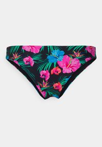 Parte inferior de biquíni floral com flores rosa e azuis brilhantes sobre um fundo preto. Tecido suave, design de cintura média com uma textura lisa.