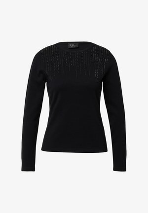 Schwarzer, langärmeliger Pullover mit Rundhalsausschnitt. Verfügt über ein dekoratives Muster aus kleinen silbernen Akzenten auf der oberen Vorderseite. Weiche Textur.