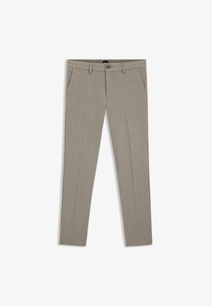 Hose aus leicht grauem Hahnentristoff, mit geradem Bein, zwei Seitentaschen und einem vorderen Knopfverschluss.