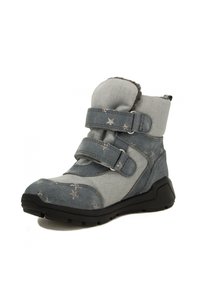 Graue Stiefel mit zwei Klettverschlüssen, weiches Obermaterial mit Sternenmuster, verstärkter Zehenbereich und Gummisohle für besseren Halt.