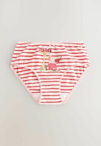 Gestreifte Baumwollunterwäsche in Weiß und Rot, mit einer dekorativen Illustration einer Maus und einem Pilz. Mit pinken Besätzen.
