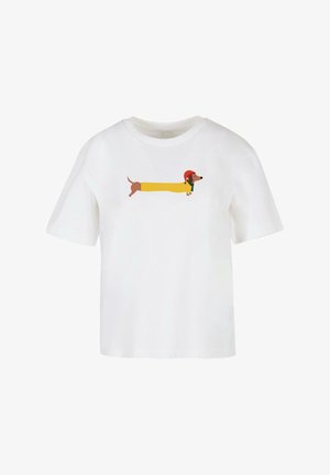 Biely tričko s karikatúrou jazvečíka so žltým telom a červenou čiapkou, ilustrované v hravom, plochom štýle. Krátke rukávy, okrúhly výstrih.