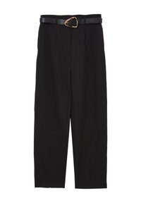 Pantaloni neri con vita alta, un frontale plissettato e una cintura nera staccabile con fibbia a forma di cuore dorato. Design sartoriale, tessuto liscio.