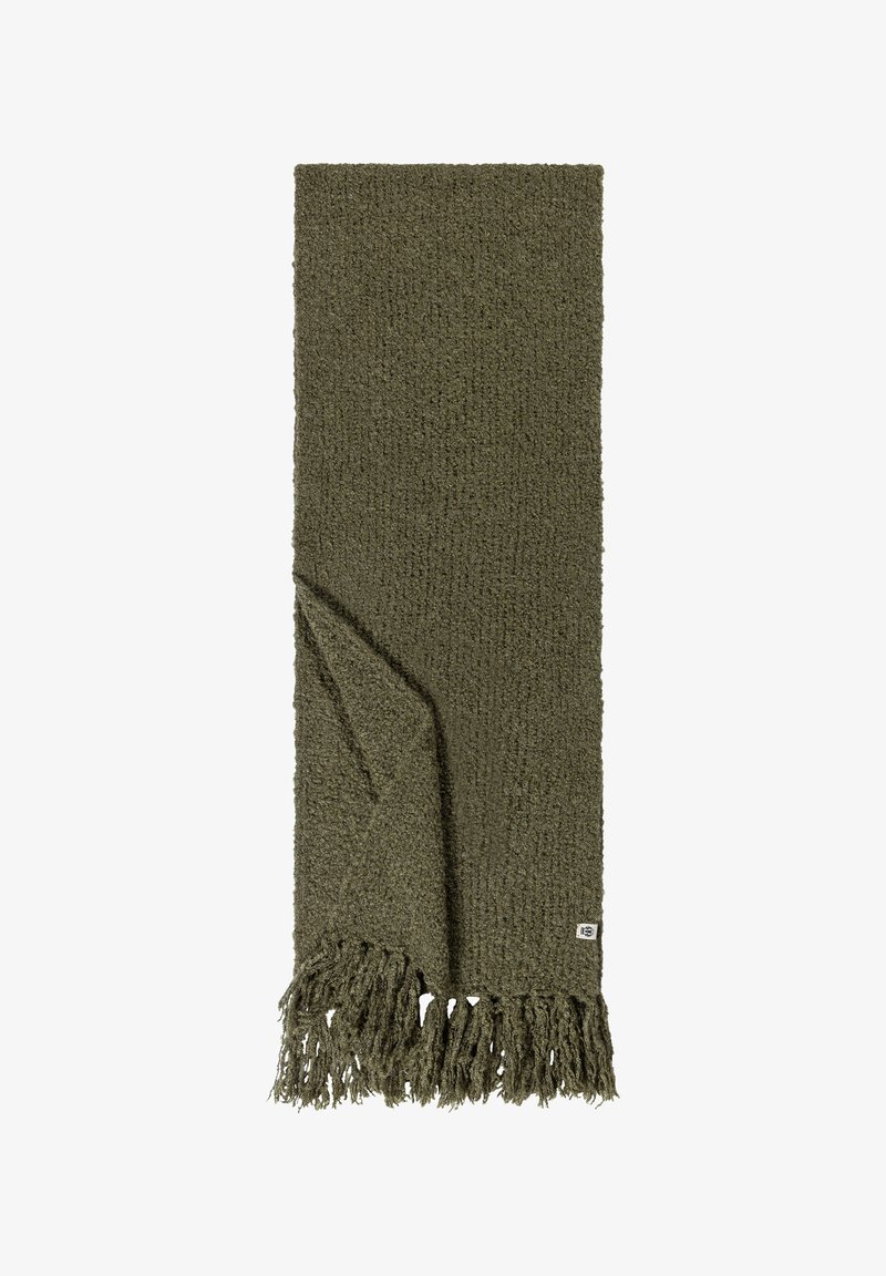 Olivgrüne, gewebte Decke mit strukturierten Oberflächen, Fransen an den Kanten und einem kleinen Etikett in der unteren Ecke. Weich, warm im Aussehen.