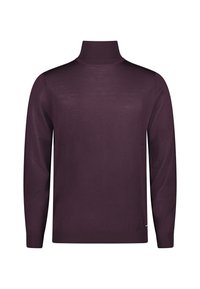 Burgunderfarbener Rollkragenpullover aus leichtem Strickstoff. Verfügt über lange Ärmel, einen enganliegenden Kragen und eine dezente Struktur ohne sichtbare Muster.