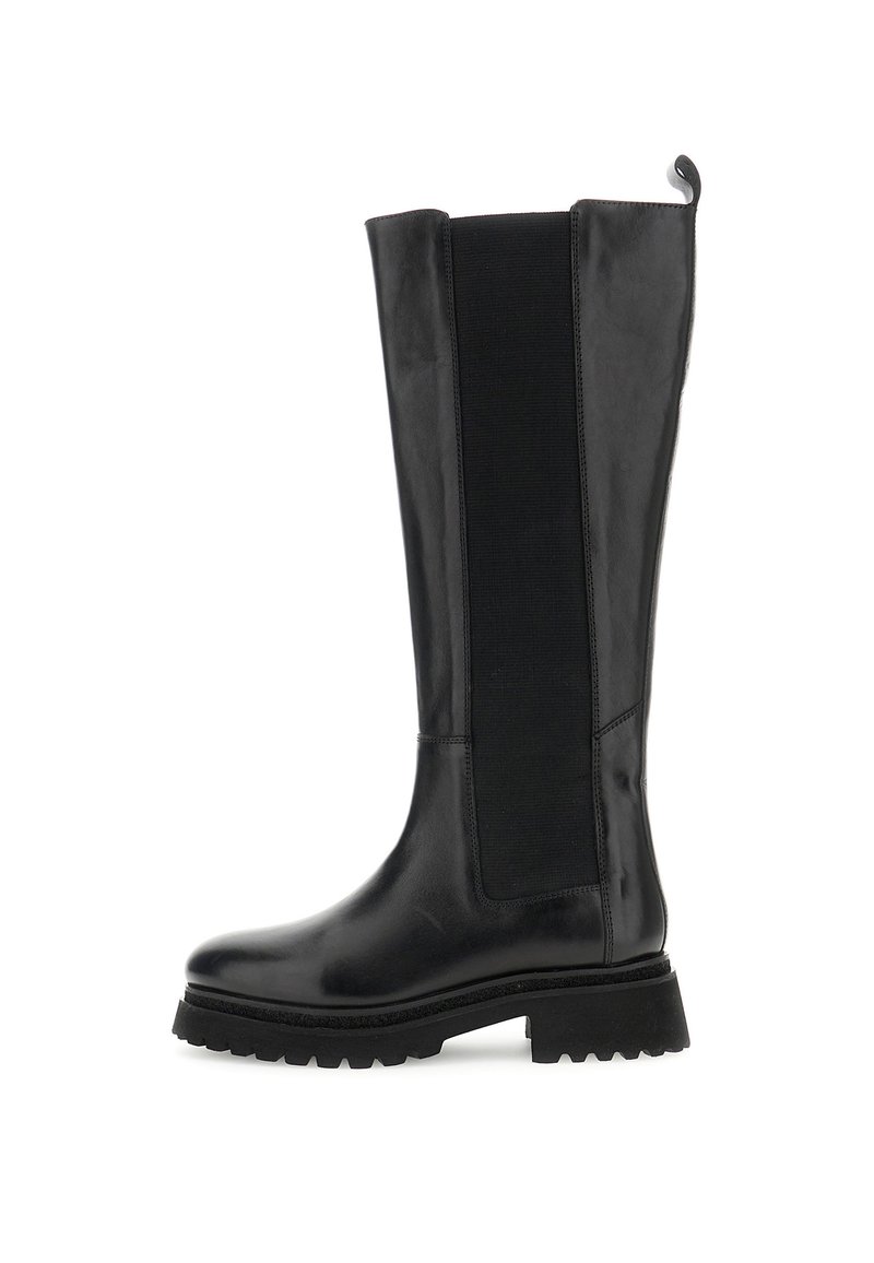 Botas de cuero negro hasta la rodilla con paneles laterales elásticos, punta redonda y suela de goma gruesa con tracción texturizada.