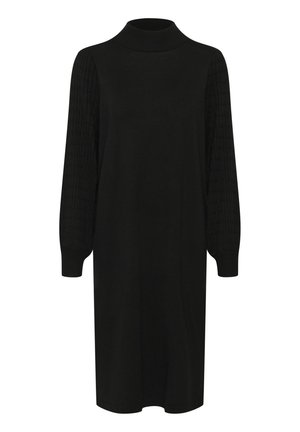 Vestito nero lavorato a maglia con un collo alto, caratterizzato da maniche lunghe con un motivo testurizzato e una vestibilità ampia, che arriva fino a metà coscia.
