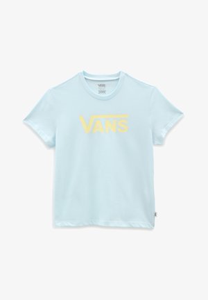 Lichtblauwe katoenen t-shirt met korte mouwen, ronde hals en groot geel "VANS" logo gedrukt op de voorkant.
