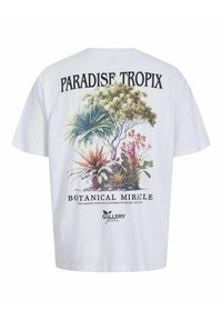 Hvid bomulds t-shirt med et farverigt botanisk grafik og teksten "PARADISE TROPIX" og "BOTANICAL MIRACLE" på ryggen.