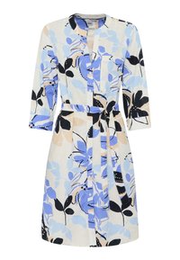Un vestito floreale in tessuto leggero presenta motivi astratti blu, neri e beige, design senza colletto, maniche lunghe e vita con fiocco.