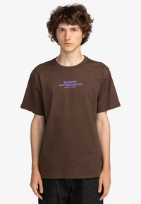 Brown cotton t-shirt featuring "ELEMENT SKATEBOARD CO." in purple text at the chest. Short sleeves and round neckline. Simple design.