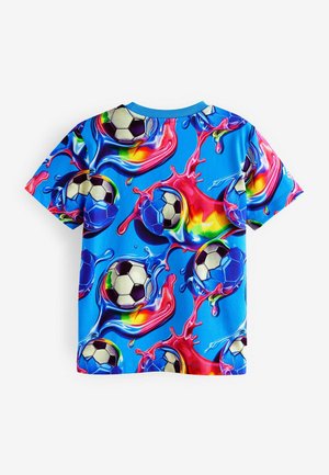 Short-sleeve t-shirt featuring a blue background with colorful soccer balls and splashes, made from a smooth, lightweight fabric.