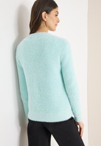 Pull bleu clair duveteux avec une texture douce, col rond et manches longues, associé à un pantalon foncé, vu de dos.