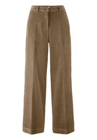 Široké kordové kalhoty v robustní hnědé barvě, s předním zapínáním na knoflík, texturovanými proužky a rovný střih pro pohodlné nošení.